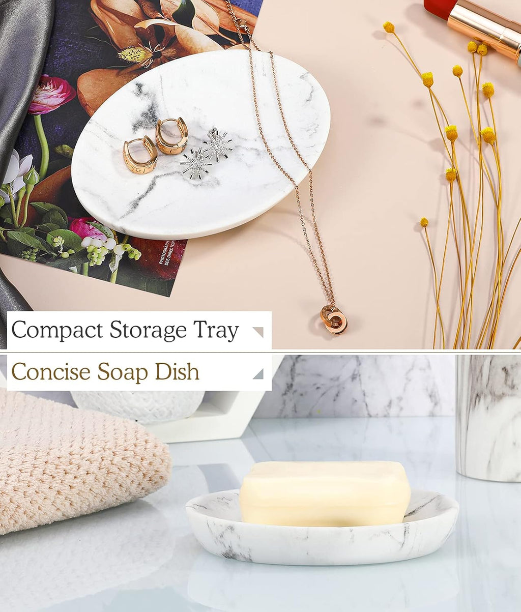 Luxspire Soap Dish, Resin Soap Tray Soap Holder Container Box, Marble Pattern Oval Soap Plate Case, Sponge Dish Scrubbers Tray Holder for Bathroom Vanity Shower Kitchen Sink Counter Top, Gravel White