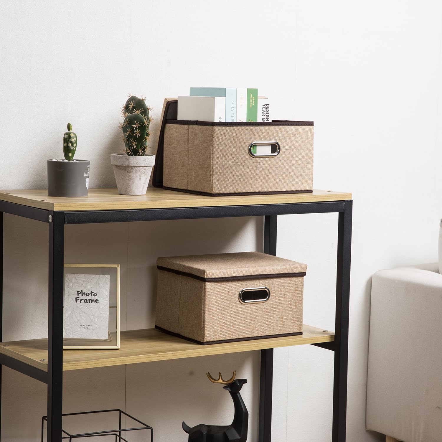 PRANDOM Storage Bins with Lids [3-Pack] Jute Fabric Foldable Storage Boxes Organizer Containers Baskets Cube with Cover for Home Bedroom Closet Office Nursery khaki（11.4X8.6X6.7