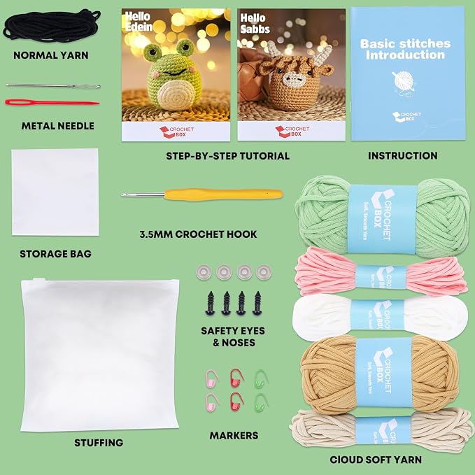 CrochetBox Crochet Kit for Beginner, Highland Cow and Frog Learn How to Crochet - Image 3
