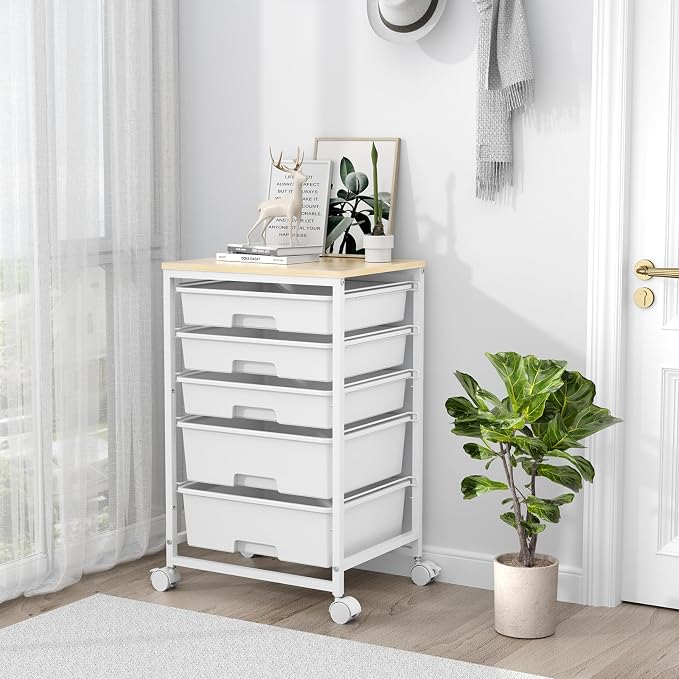 SYKIARIOL Utility Cart with 5 Drawers, Storage Drawer Cart with Wooden Tabletop - Image 8