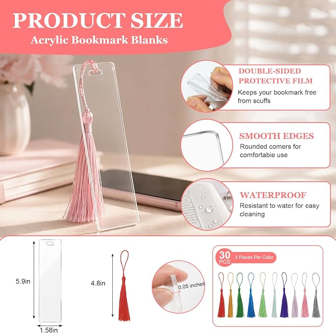 90Pcs Acrylic Bookmark Blanks Kit-30 Set Clear Acrylic Bookmarks 6" x 1.6" - Image 3