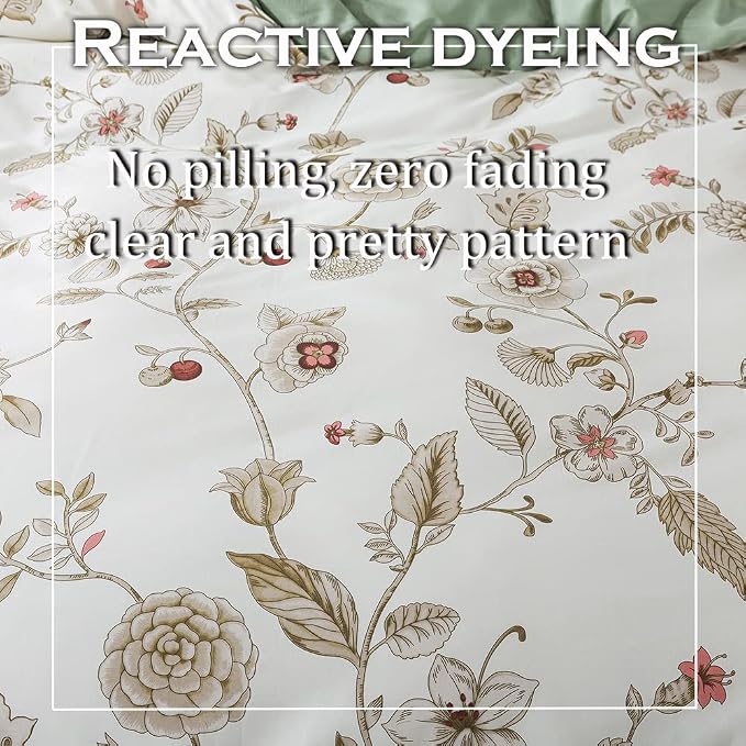 FADFAY Floral Bedding Set Full 100% Cotton Shabby and Chic Beige Green - Image 5