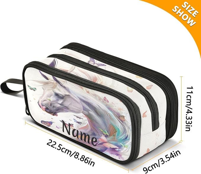 Custom White Horse Butterflies Pencil Case Box Boys Girls Personalized Name - Image 4