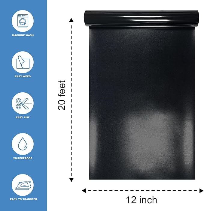 Black Heat Transfer Vinyl HTV Roll Matte PU 12" x 20 ft. | Easy to Cut - Image 2