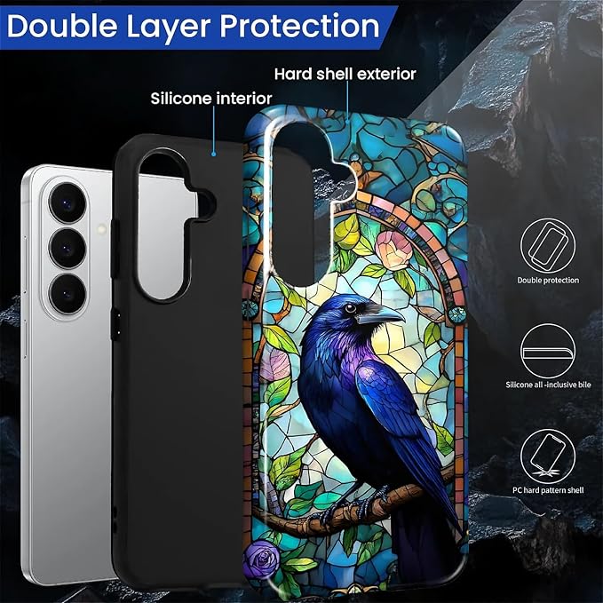 for Samsung Galaxy S26 Case, Crow Faux Stained Glass Pattern Glossy 2 in 1 - Image 3