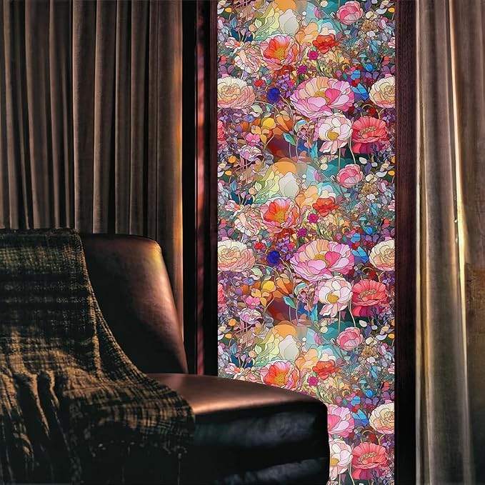 Colorful Pink Red Stained Glass Flowers Blue Purple Wildflowers Window Films - Image 2