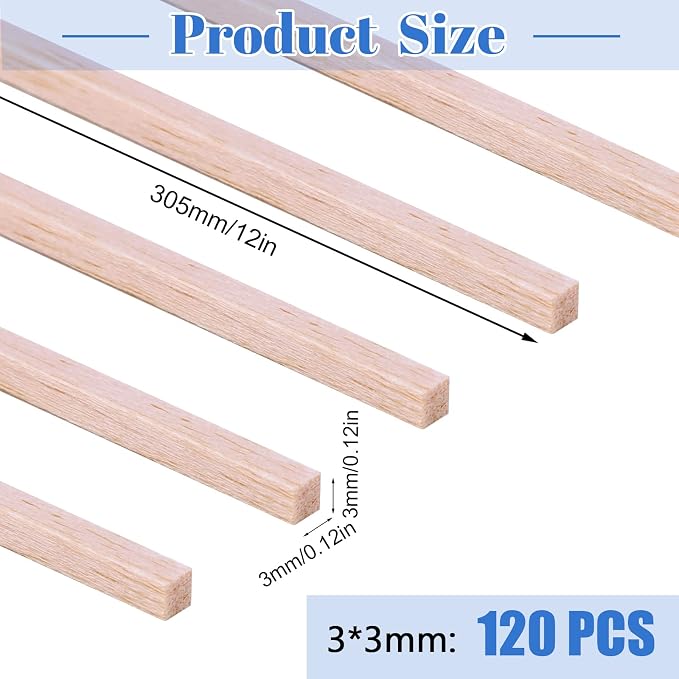 120Pcs Balsa Wood Sticks 1/8 x 1/8 x 12 inch Wood Strip Square Wooden Dowel | - Image 2