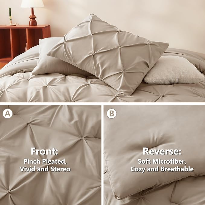 CozyLux Full Size Comforter Sets Wheat, 7 Pieces Pintuck Bed in A Bag Wheat - Image 3