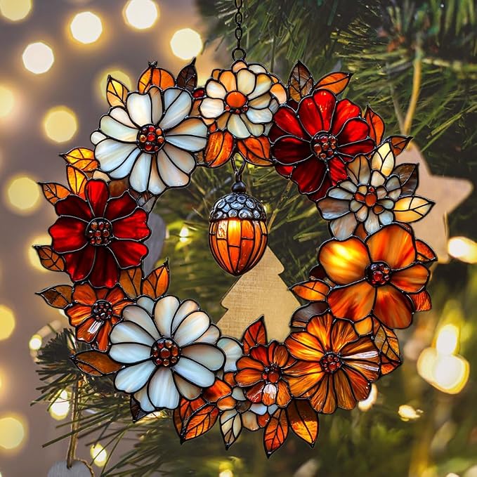 Autumn Floral Wreath Acrylic Suncatcher Stained Glass Effect Window Car Hanging - Image 6