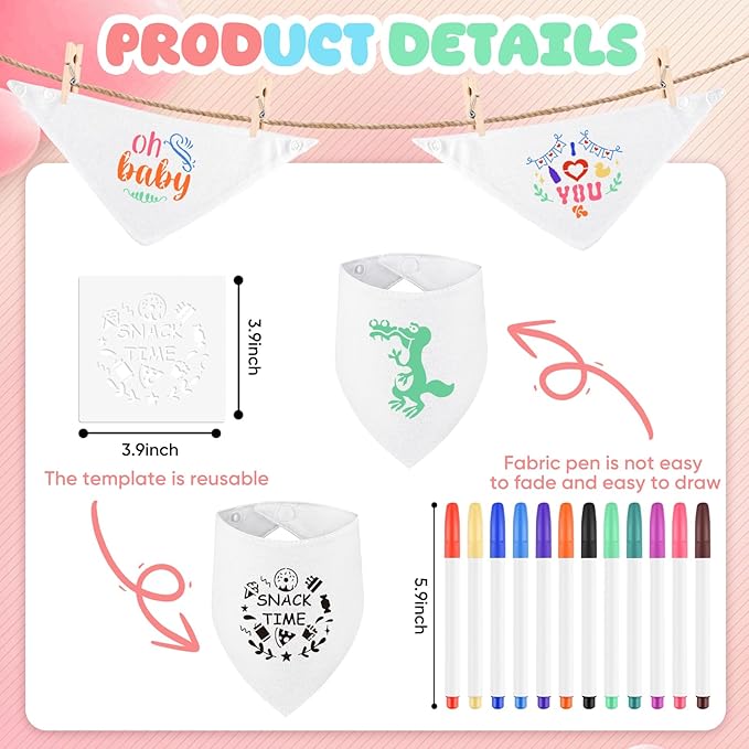 NACHLYNN 165 Pcs White Baby Bibs Baby Shower Games Set Including 36 Blank Baby Bibs 36 Stencils 80 Clothespins 12 Fabric Markers 1 Hemp Rope for Boys Girls Gender Reveal Party