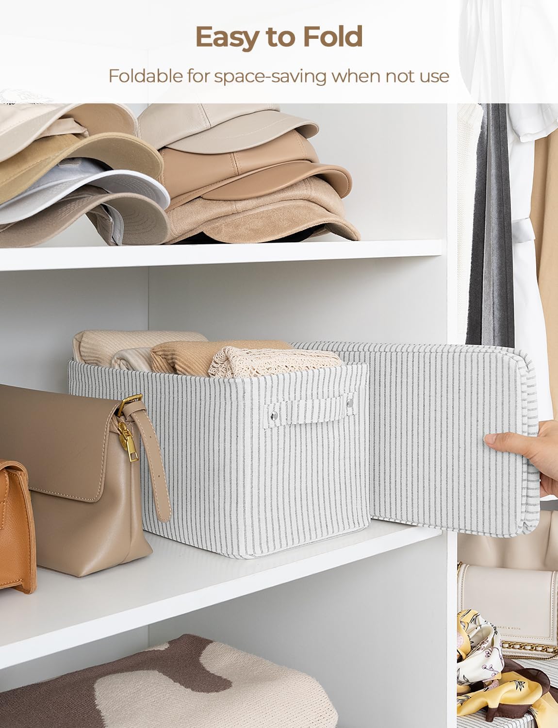 StorageWorks Narrow Storage Bins, Small Basket for Closet and Shelves, Rectangular Fabric Organizer with Handles, Toilet Paper Storage, Khaki and Beige Stripes, 2-Pack