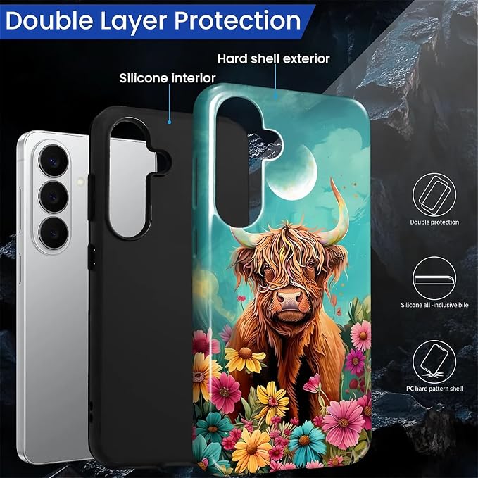 for Samsung Galaxy S26+ Case, Highland Cow Flower Pattern Glossy 2 in 1 - Image 6