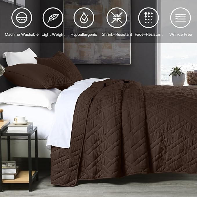 HORIMOTE HOME Quilt Set King Size Chocolate, Classic Geometric Diamond Stitched - Image 6