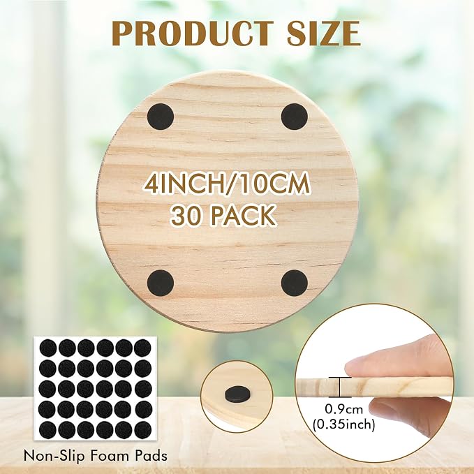30 Pieces Unfinished Wood Coasters, 4 Inch Round Blank Wooden Coasters - Image 2