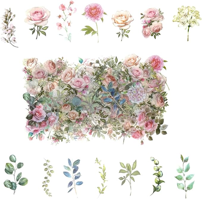 100 Pcs Pink Flower Stickers for Scrapbooking Junk Journal Notebook Diary by Obujopal