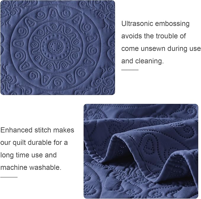 WURUIBO Navy Blue Quilt Set King/Cal King Size, Embossing Microfiber Bedspreads - Image 5