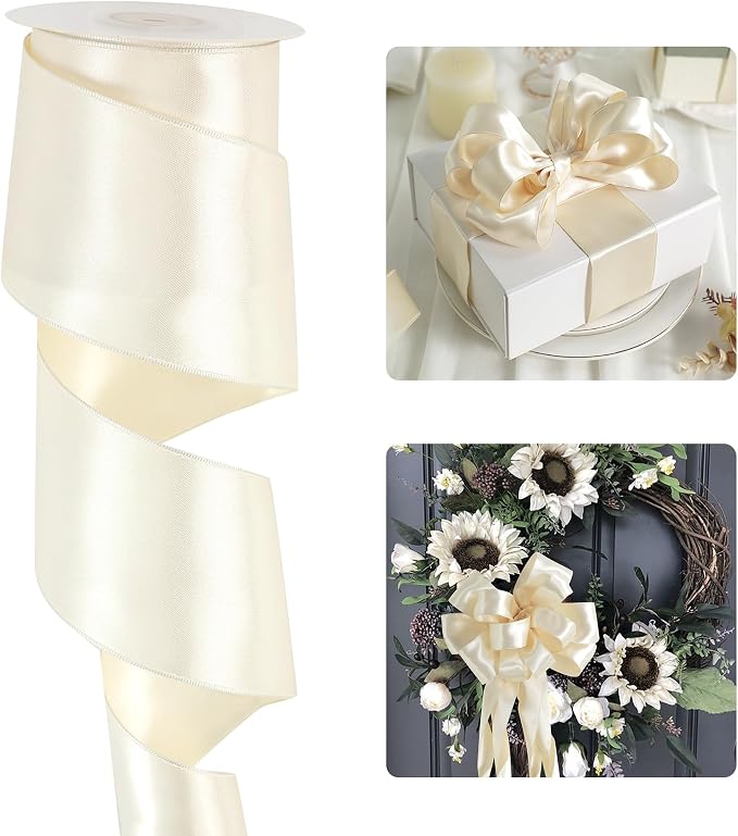 HUIHUANG Cream Satin Wired Ribbon 2-1/2", Cream Wire Edge Ribbon by HUIHUANG