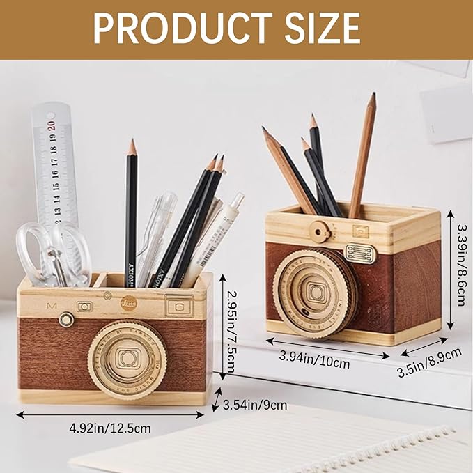 Vintage Wooden Camera Pencil Holder – Retro Desk Organizer - Image 2