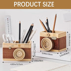 Vintage Wooden Camera Pencil Holder – Retro Desk Organizer - Image 2