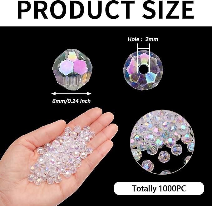 BONNY BOXX 1000pcs 6mm Acrylic Faceted Round Crystal Beads Transparent AB Loose - Image 2