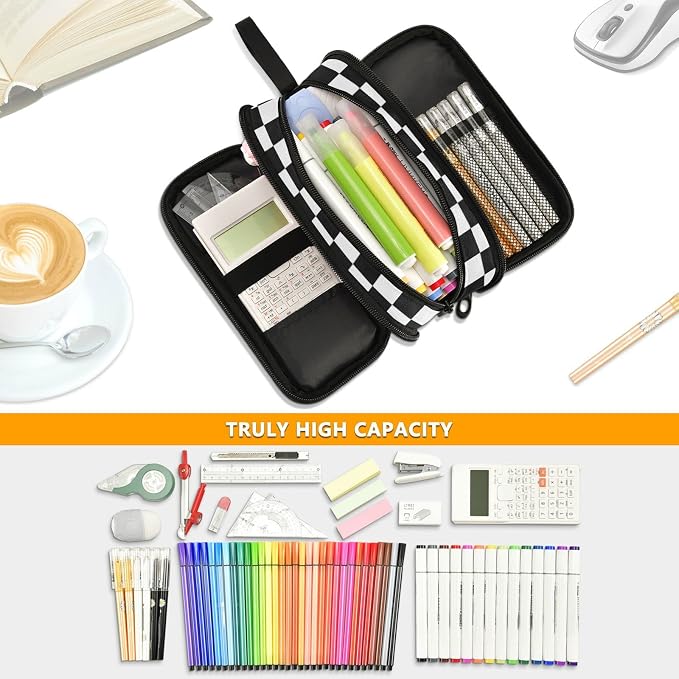 Black White Checkered Pencil Case Box Boys Girls Large Pencil Pouch Zipper - Image 4