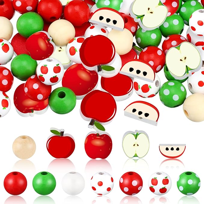 Qunclay 200 Pieces Apple Wooden Beads Thanksgiving Fall Beads by Qunclay