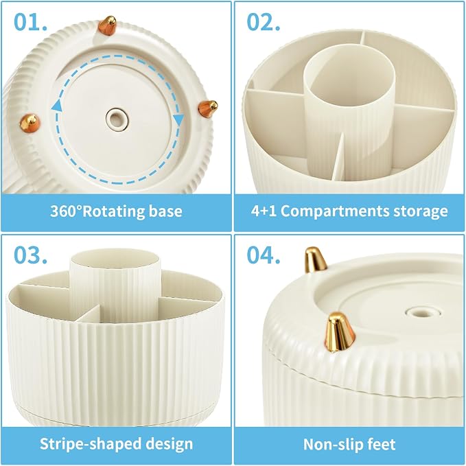 Marbrasse Desk Organizer, 360-Degree Rotating Pen Holder, 5-Compartment Pencil - Image 4