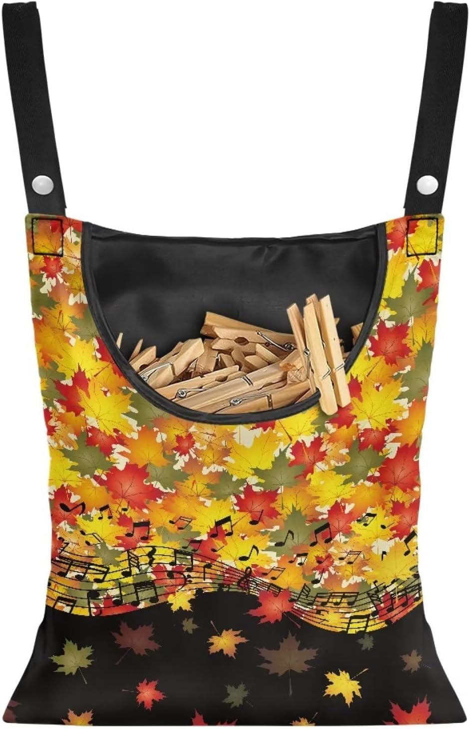 Maple Leaf Handy Laundry Clothespin Bag Holds 100 Medium-Sized Clothes Pins, Music Notes Waterproof Polyester Material, 2 Ropes for Hanging and Effortlessly Sliding on Clothesline