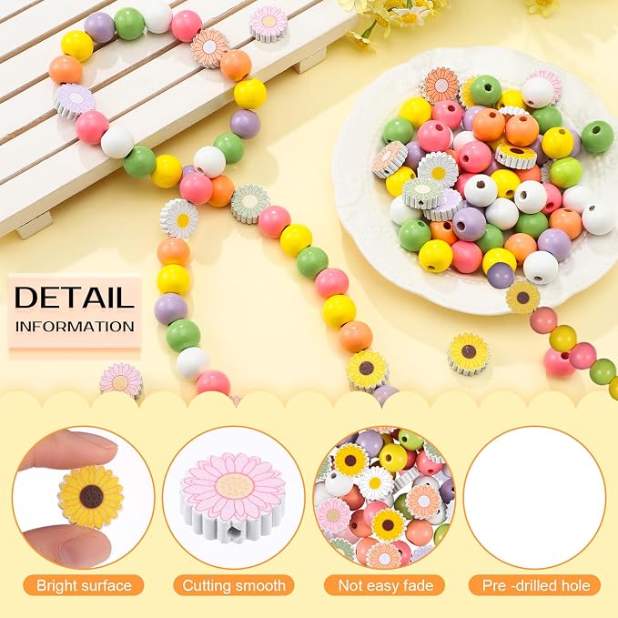 Tradder 200 Pieces Daisy and Sunflower Wood Beads Set 16 mm 20 mm Colorful - Image 5