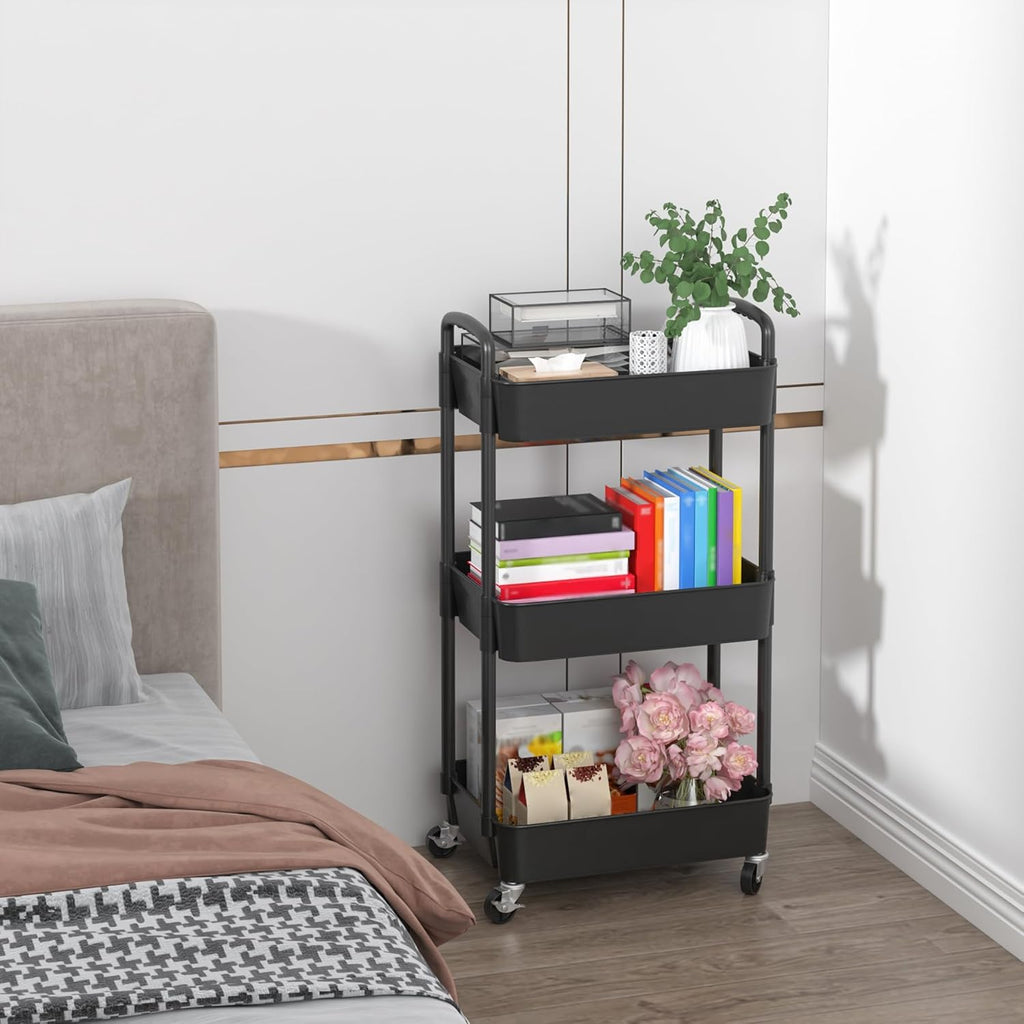 Sywhitta 3-Tier Plastic Rolling Utility Cart with Handle, Multi-Functional Storage Trolley for Office, Living Room, Kitchen, Movable Storage Organizer with Wheels, Black