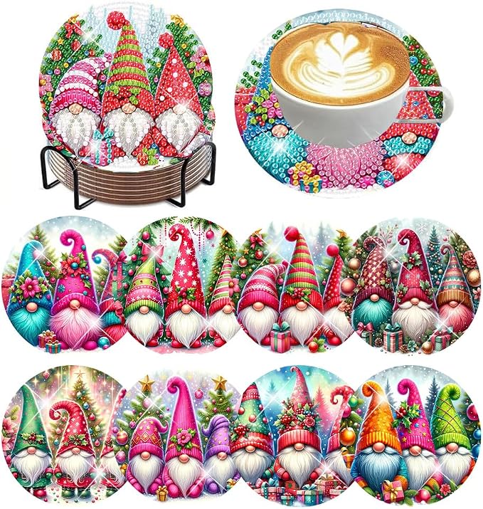 ijbnhd 8 PCS Christmas Diamond Painting Coasters | Christmas Gnome Diamond Art by ijbnhd