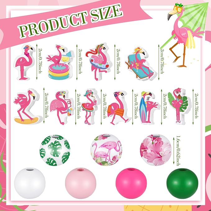 Tradder 200 Pcs Summer Flamingo Beach Beads Set Tropical Round Wood Charms - Image 2