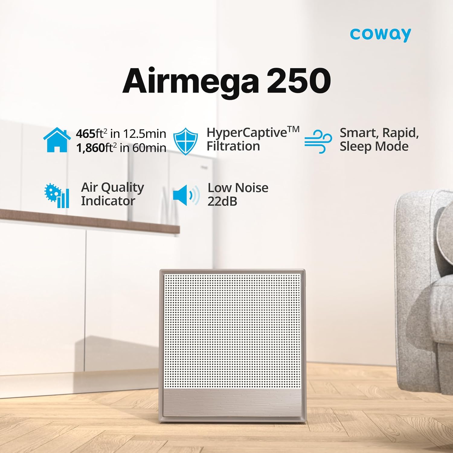 COWAY Air Purifiers for Home Large Room Up to 1,860 ft², Washable Pre-Filter and True HEPA Filter for Smoke, Allergies, Pet Dander, Odor, AQI, Smart & Rapid Mode, Timer, 3yr Warranty, 250