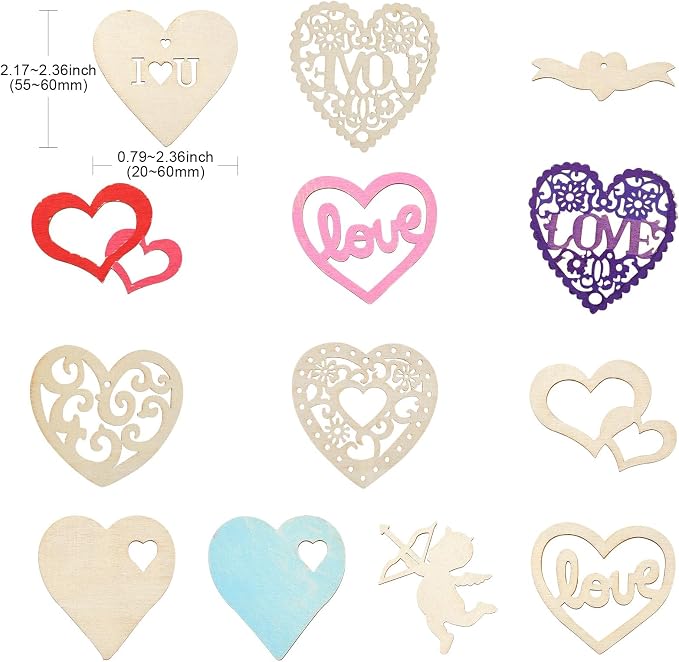 45 pcs Mixed Styles Heart Theme Unfinished Wood Cutout Charms Love Sweet Wood - Image 2