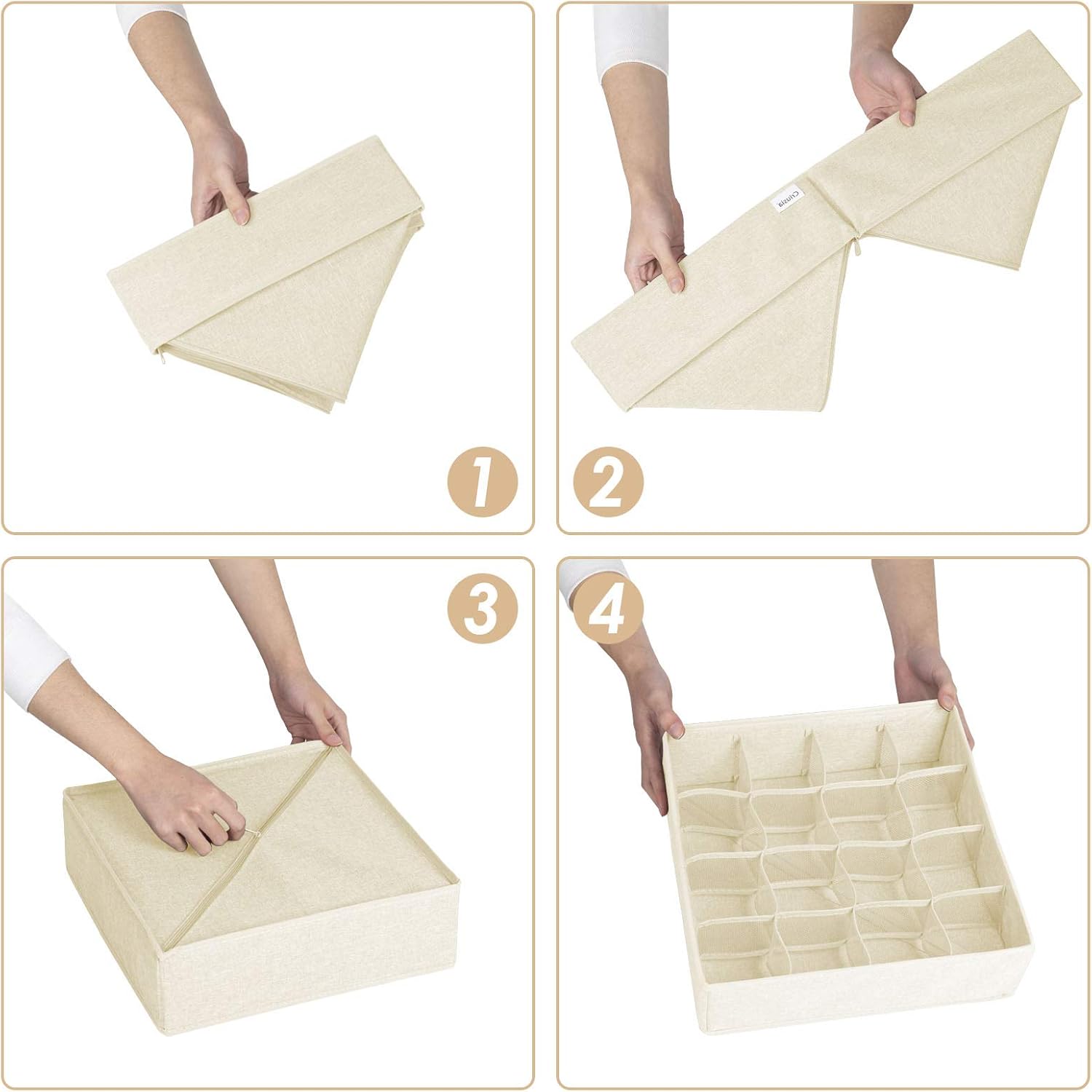 Criusia 3 Pack Sock Underwear Drawer Organizer Dividers, 64 Cell Fabric Foldable Cabinet Dresser Closet Organizers and Storage Boxes for Organizing Socks, Underwear, Ties (16+24+24 Cell, Beige)