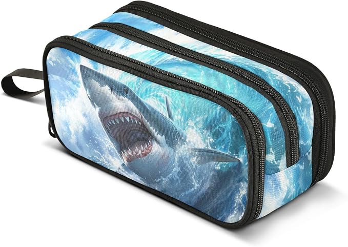 Shark Blue Ocean Wave Pencil Case Box Boys Girls Large Pencil Pouch by BOENLE-WELCOMEYOURCOMING