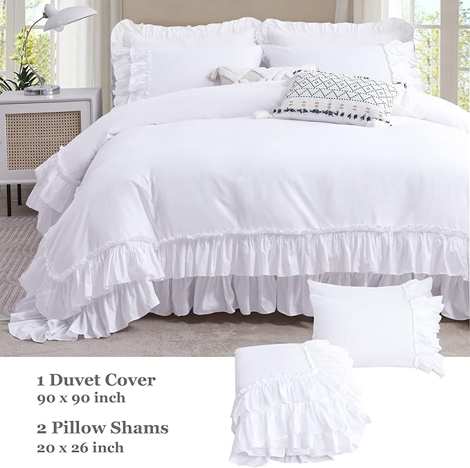 QSH Ruffle White Duvet Cover Queen Size -Washed Cotton Shabby Farmhouse Ruffled - Image 6