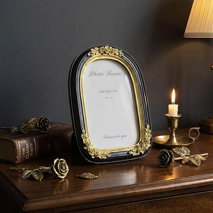 Cuspin Vintage 4x6 Picture Frame Black and Gold, Ornate Arched Resin Photo Frame - Image 4