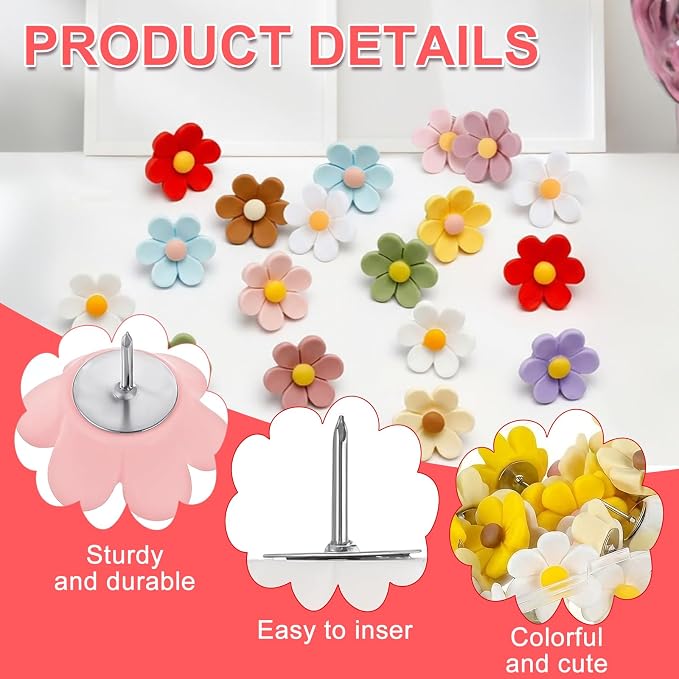 30PCS Cute Push Pins, Bulletin Board Pins, Bulletin Board Decorations, Flower - Image 3