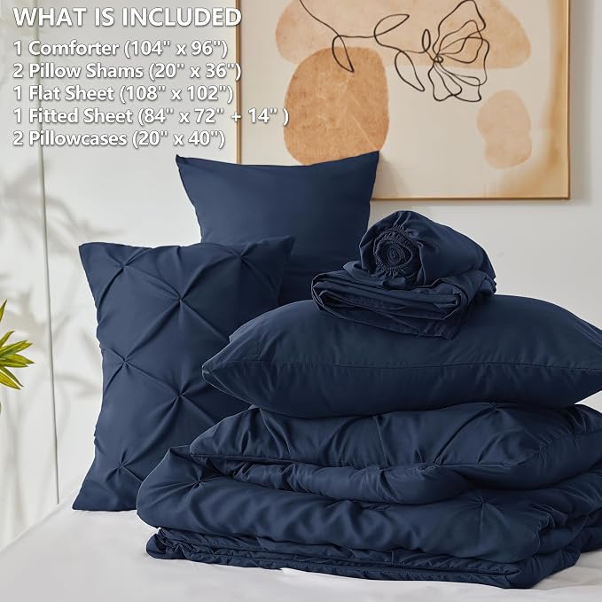 HIMEET Pintuck Bed in a Bag, 7 Pieces California King Comforter Set Navy Blue - Image 7