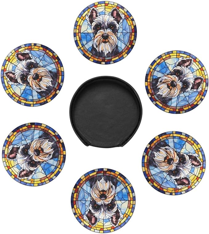 Drink Coaster Set of 6, Schnauzer Dog Mom Lover Gift, Leather Drink Coasters - Image 4
