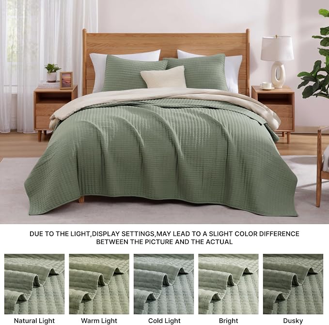WRENSONGE Queen Quilt-3 Pieces Lightweight Bedspreads Sage Green Queen Size - Image 8