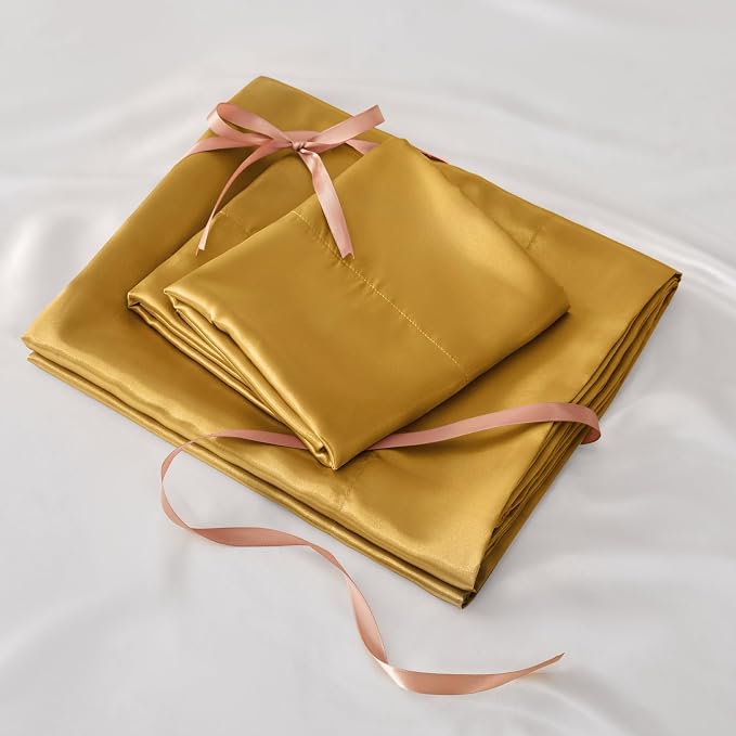 BEDELITE Satin Sheets Twin XL Size Bed Set, Luxury Soft Gold Silky Sheets - Image 7