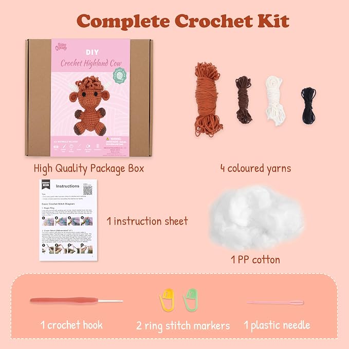 HOUSE CREATIVITY Crochet Kit for Beginners, Make a Highland Cow, Amigurumi - Image 2