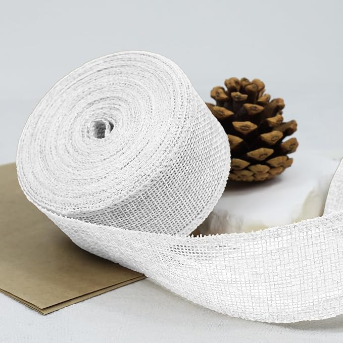White Burlap Ribbon 1-1/2 inch X 10 Yard White Linen Wired Ribbon | Natural - Image 3