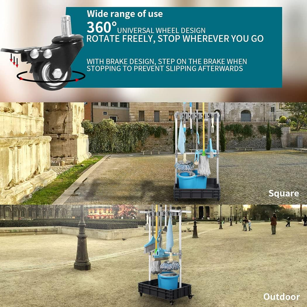 Broom And Mop Holder Put Wet Mops Movable Floor-Mounted Mop Rack Floor Standing Cleaning Tool Cart Storage For Garden Garage Schools, Hospitals, Factories, Hotels,Property Companies (12racks)