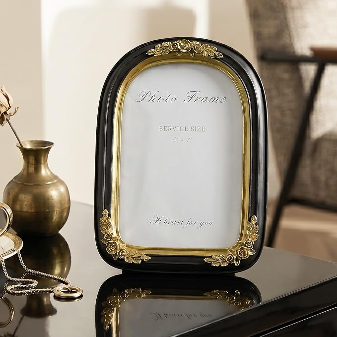 Cuspin Vintage 5x7 Picture Frame Black and Gold, Ornate Arched Resin Photo Frame - Image 3