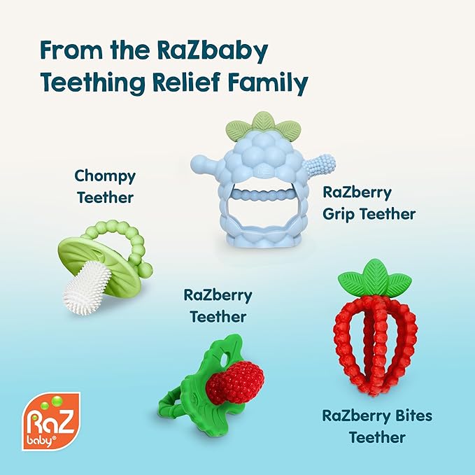 RaZbaby Chompy Grip Teether for Infant & Baby 3M+ Silicone Teething Toy with Suction Base and Multi-Texture Design for Teething Relief - Soothes Sore Gums & Easy-to-Hold Teether, BPA Free - Blue