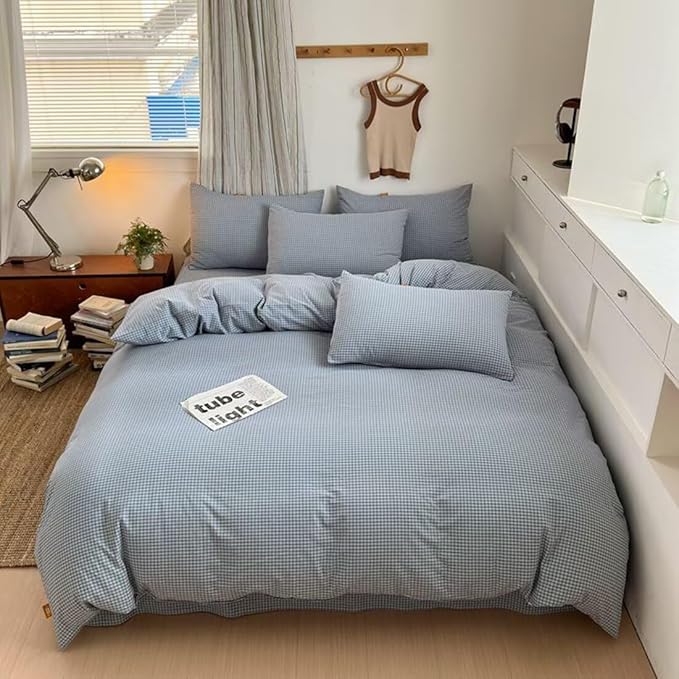 PinkMemory Blue Gingham Duvet Cover Bedding Set King 100% Washed Cotton Blue - Image 2