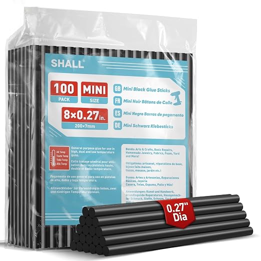 SHALL Mini Hot Glue Sticks, 0.27” Dia x 8” Long, 100 Pack Black Glue Gun Sticks by SHALL
